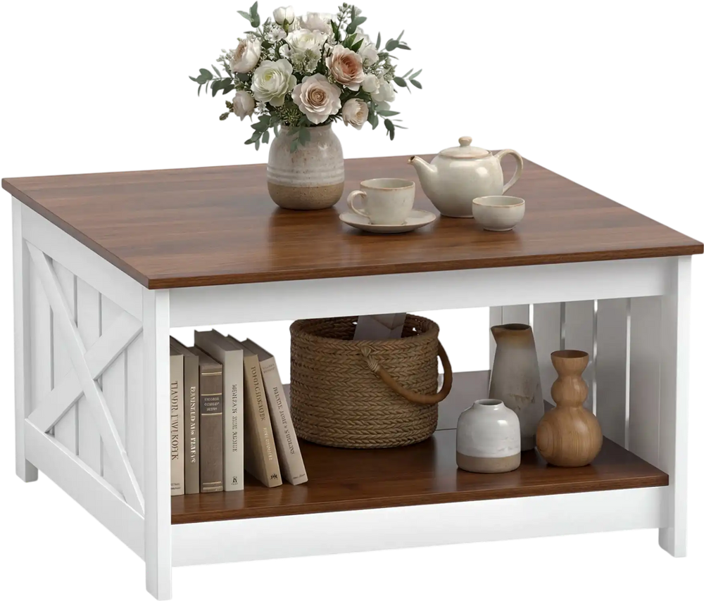 Square farmhouse coffee table in white with a wood top, featuring a storage shelf for books and decor.