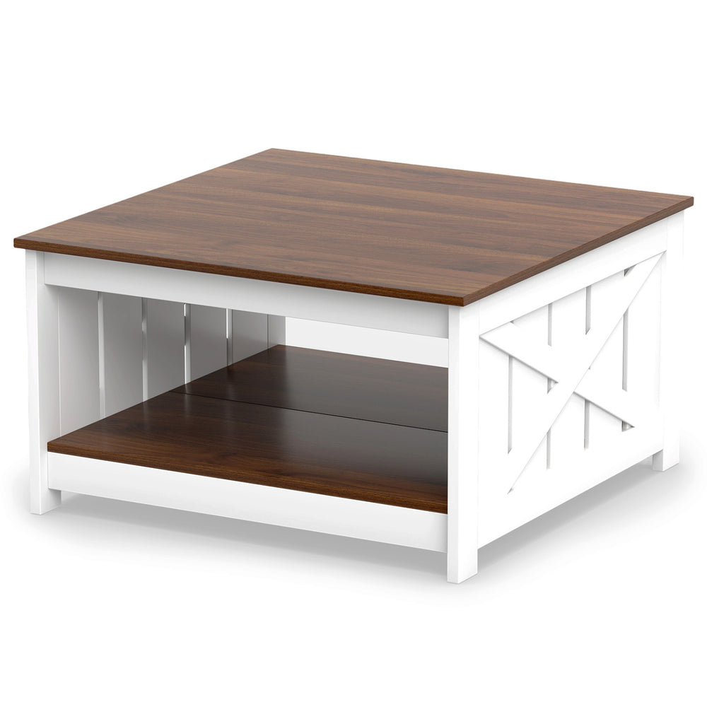 Square farmhouse coffee table with a white base and brown top, featuring a 2-tier storage shelf for versatile use.