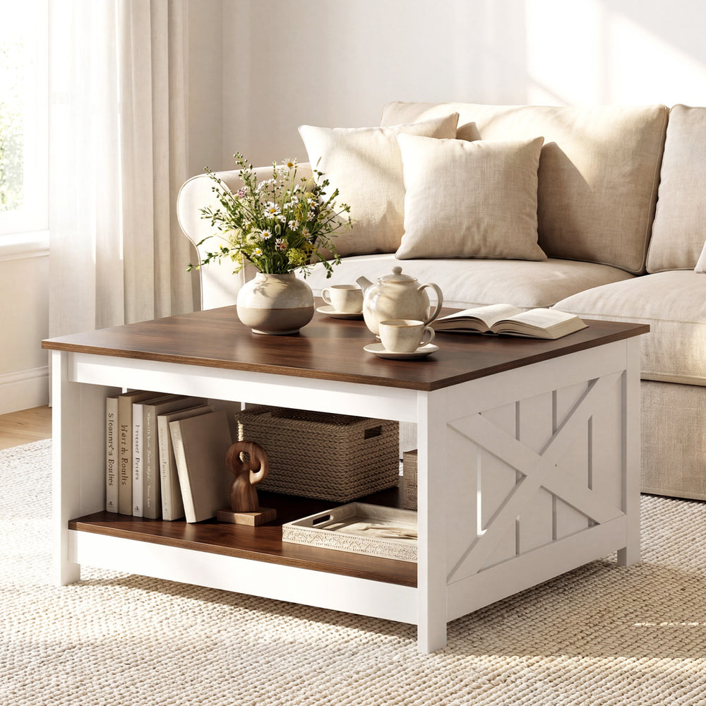 Farmhouse coffee table with a white finish, featuring a 31-inch square design and a storage shelf for books and decor.