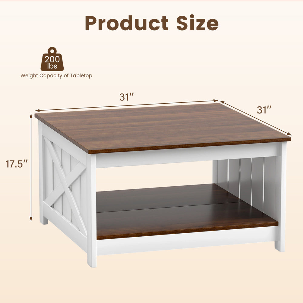 Square farmhouse coffee table with a white finish, featuring a 2-tier storage shelf and dimensions of 31"x31"x17.5".