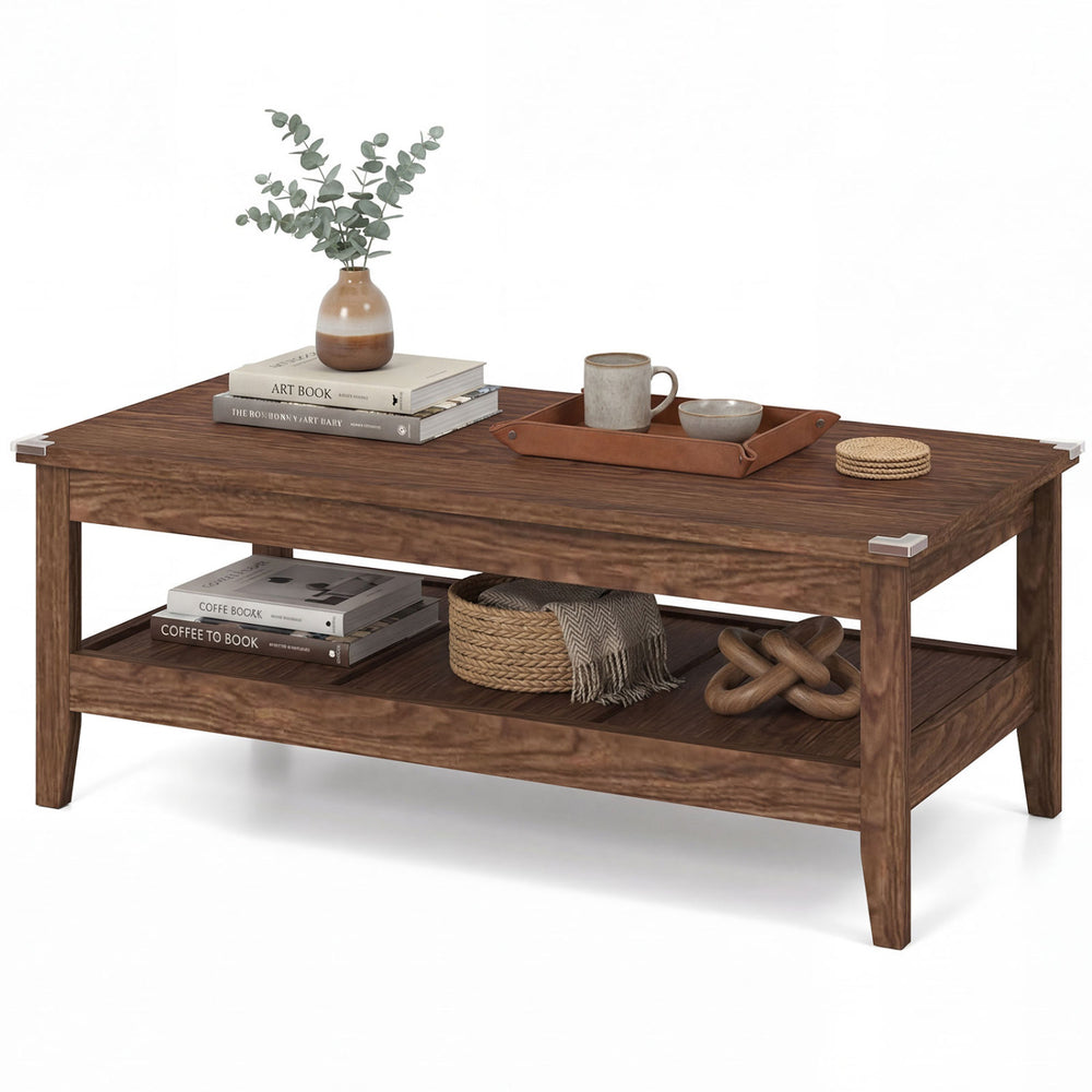 Rustic walnut farmhouse coffee table with thickened tabletop, featuring 2-tier storage and elegant wood grain design.