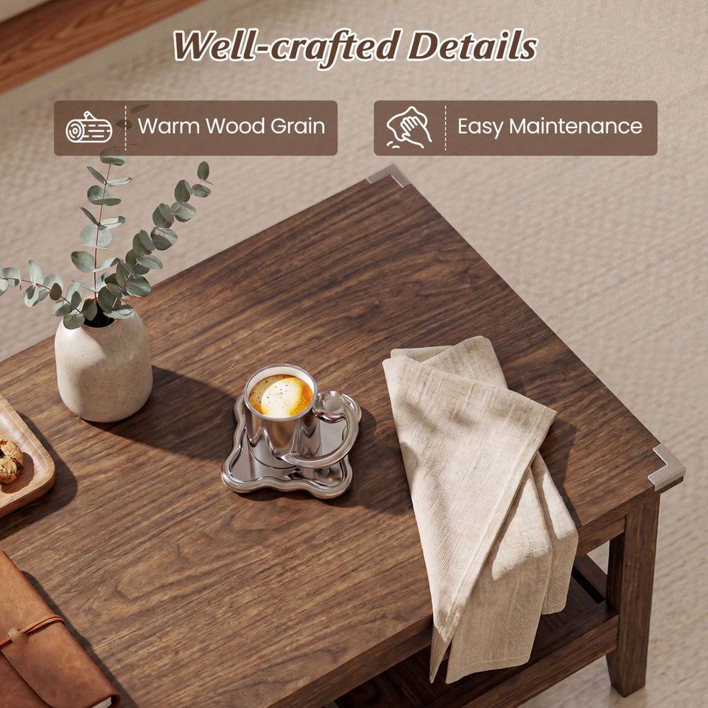 Rustic farmhouse coffee table with warm wood grain, thickened tabletop, and easy maintenance for stylish living spaces.
