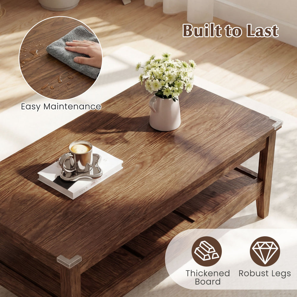 Rustic farmhouse coffee table with thickened walnut tabletop, featuring a spacious lower shelf for easy storage and.