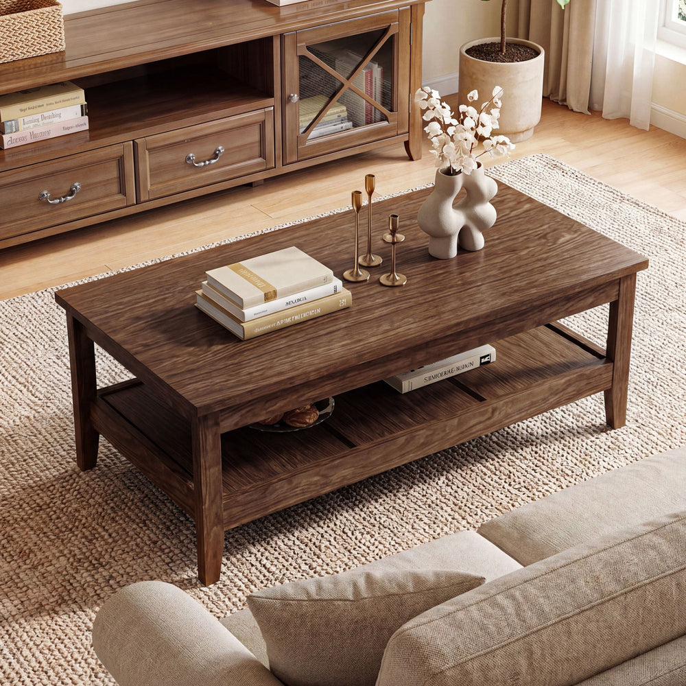 Rustic walnut farmhouse coffee table with thickened tabletop and 2-tier storage, perfect for living room organization.