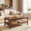 Rustic walnut farmhouse coffee table with thickened tabletop and 2-tier storage, perfect for living room essentials.