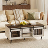 Farmhouse coffee table with sliding doors, rustic brown finish, adjustable shelf, and spacious storage for living room.