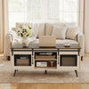 Farmhouse coffee table with sliding doors, rustic brown finish, adjustable shelf, and spacious cabinets for storage.