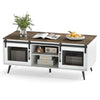 Farmhouse coffee table with rustic brown top, sliding doors, and adjustable shelf for versatile storage solutions.
