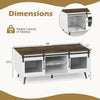Farmhouse coffee table with sliding doors, rustic brown finish, adjustable shelf, and ample storage dimensions.