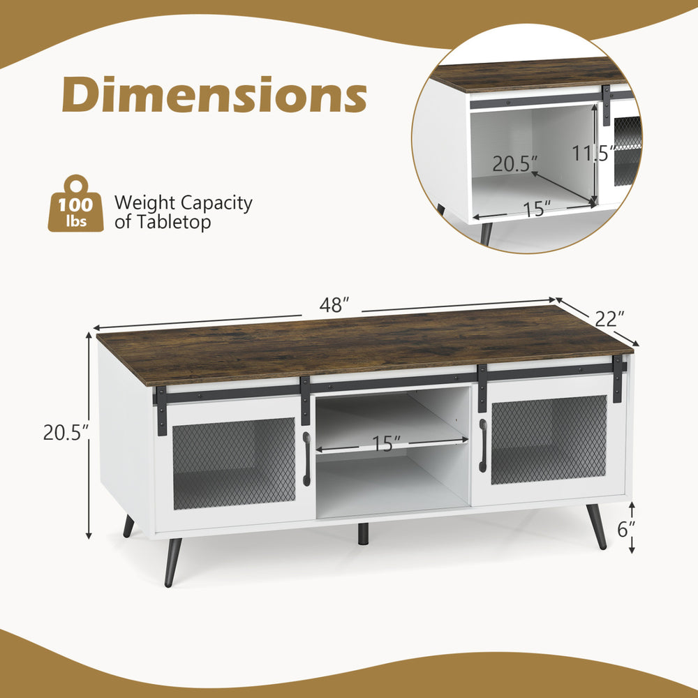 Farmhouse coffee table with sliding doors, rustic brown finish, adjustable shelf, and ample storage dimensions.