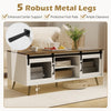 Farmhouse coffee table with sliding doors, rustic brown finish, adjustable shelf, and robust metal legs for enhanced.