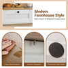 Farmhouse console table with two drawers, featuring a sleek finish, drawer stoppers, and protective foot pads for.