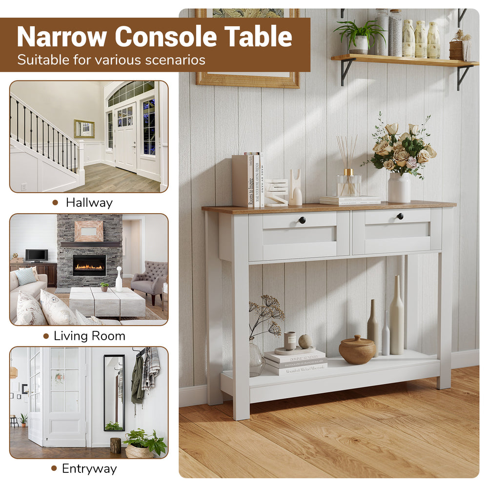 Narrow farmhouse console table with 2 drawers, 42 inches long, perfect for hallway or entryway organization.