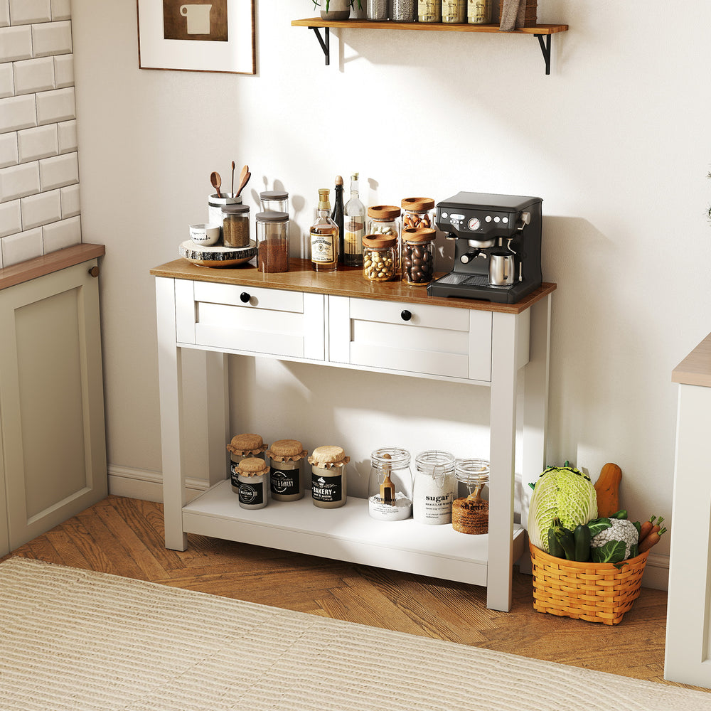 Farmhouse console table with two drawers and spacious top, perfect for stylish entryway organization and display.
