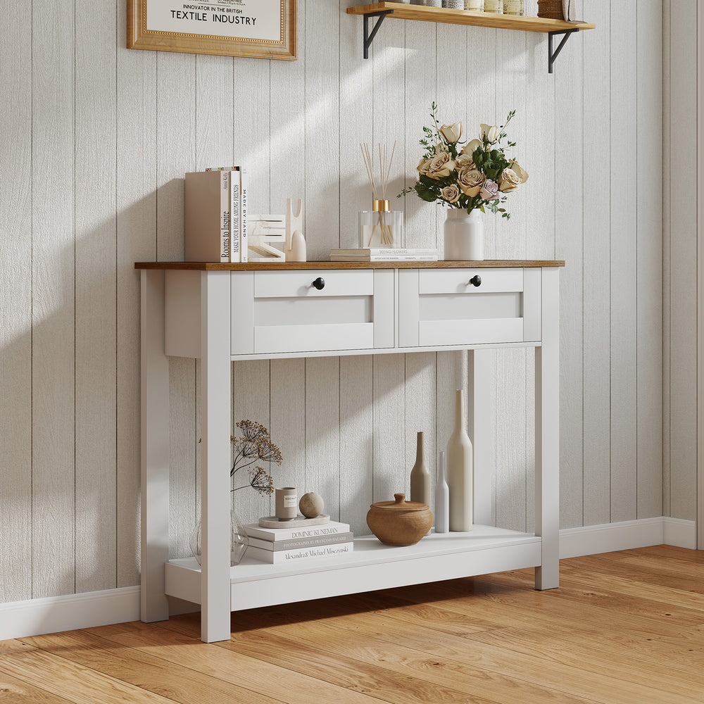Farmhouse console table with 2 drawers, 42-inch long, stylish design for entryway organization and display.