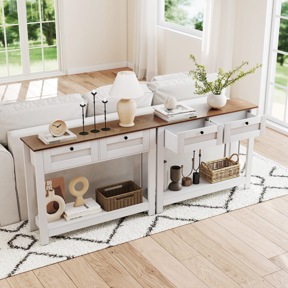 Farmhouse console table with two drawers, 42 inches long, featuring a spacious top and open shelf for stylish display.