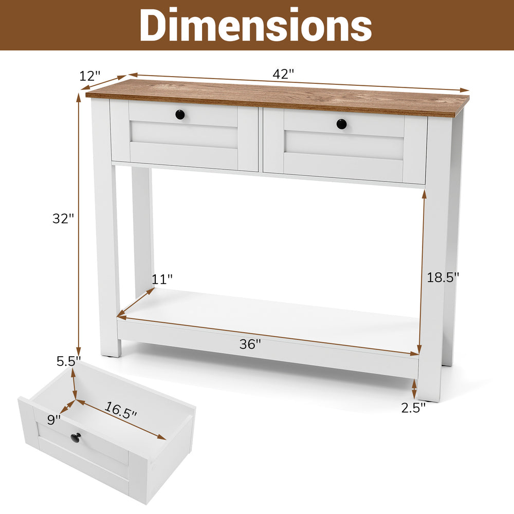 Farmhouse console table with 2 drawers, 42-inch long, featuring a spacious tabletop and open shelf for stylish display.
