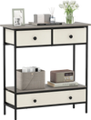 Farmhouse console table in gray with 3 pull-out drawers and open shelf, perfect for hallway or entryway storage.