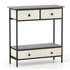 Farmhouse console table with gray top, three drawers, and open shelf for hallway storage and display options.