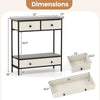 Farmhouse console table with gray finish, featuring three drawers and open shelf for hallway storage and display.