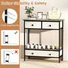 Farmhouse console table in gray with open storage shelf, three drawers, and anti-toppling kits for hallway organization.