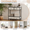 Farmhouse console table with gray finish, featuring three drawers and an open shelf, ideal for hallway or entryway.
