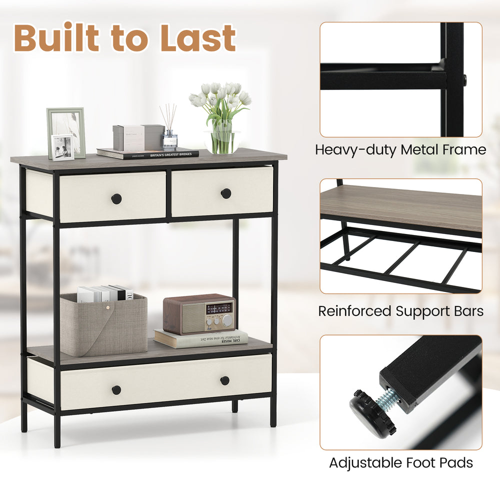 Farmhouse console table in gray with 3 drawers and open shelf, featuring a heavy-duty metal frame for hallway storage.