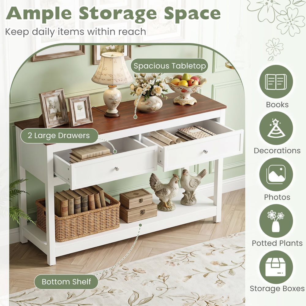 Farmhouse console table in white with spacious tabletop, two large drawers, and open storage shelf for versatile organization.