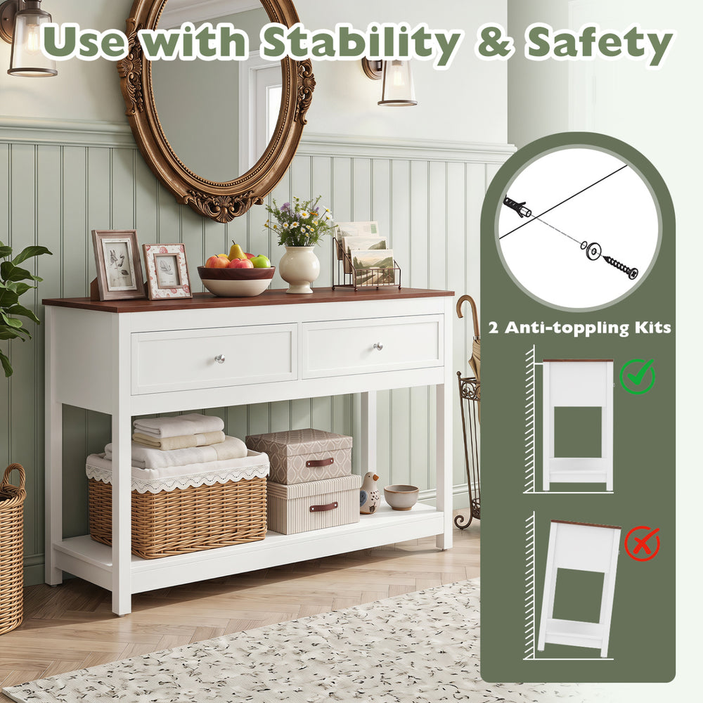 Farmhouse console table in white featuring two drawers and an open storage shelf, ideal for living room or entryway organization.