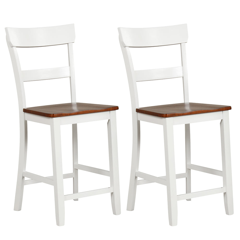 White farmhouse dining bar stools set of 2 with solid rubber wood frame and curved backrest for comfort and support.