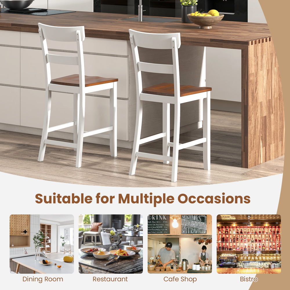 Farmhouse dining bar stool set of 2 with solid rubber wood frame, featuring a curved backrest for comfort and support.