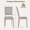 Farmhouse dining chair dimensions showing grey fabric upholstery, rubber wood frame, and 400 lbs weight capacity.