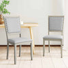 Grey farmhouse dining chairs set of 2 with fabric upholstery and vintage nailheads, perfect for dining areas.