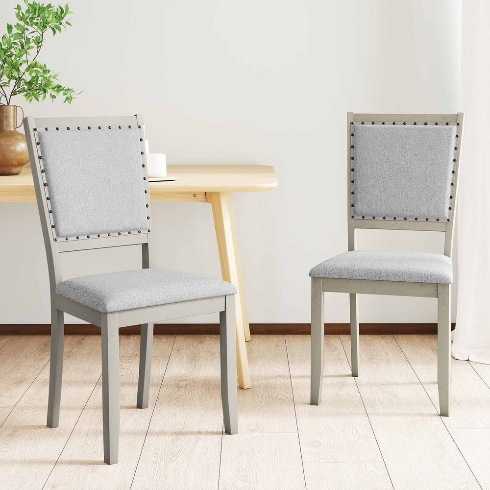 Grey farmhouse dining chairs set of 2 with fabric upholstery and vintage nailheads, perfect for dining areas.