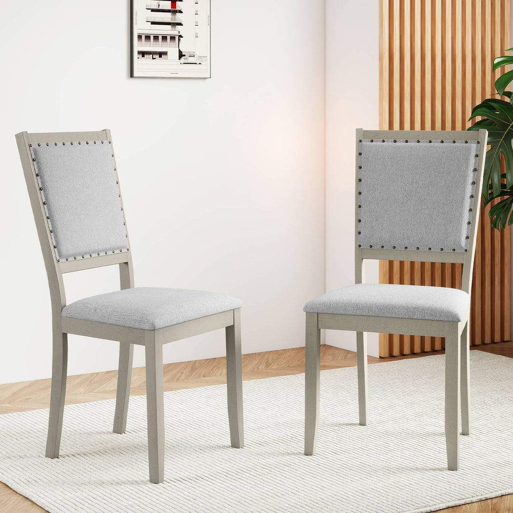 Set of 2 grey farmhouse dining chairs with rubber wood frame and padded seats, perfect for modern dining areas.