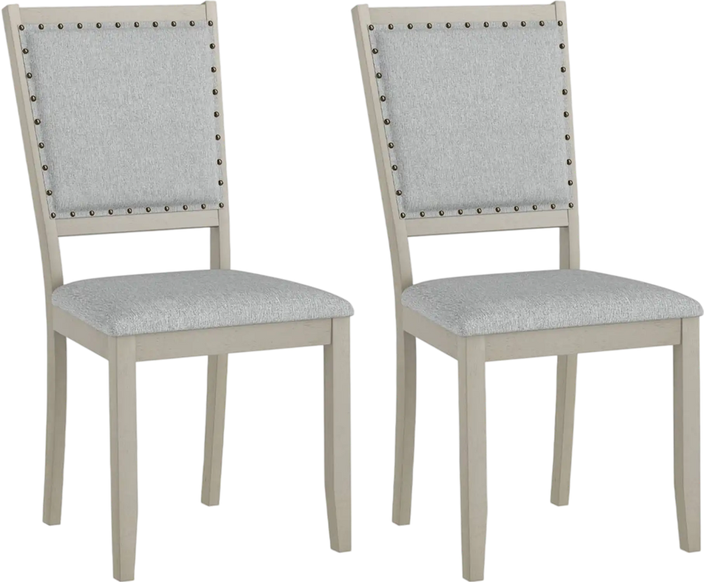 Set of 2 grey farmhouse dining chairs with fabric upholstery and vintage nailheads, perfect for rustic dining areas.