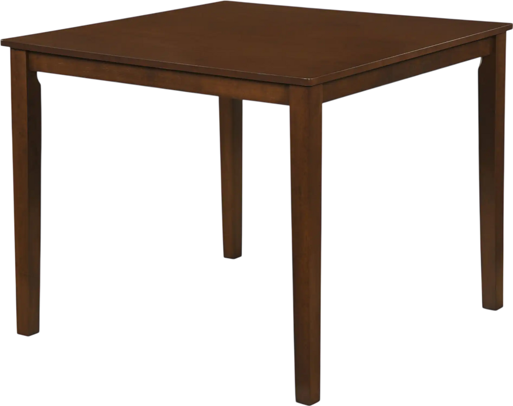 Square dining table with rubber wood legs, designed for space-saving with smooth surface for easy cleaning.