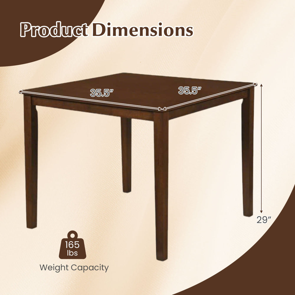 Square dining table dimensions with rubber wood legs, 35.5" width, 29" height, supports 165 lbs, ideal for space-saving.