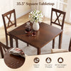 Walnut farmhouse dining table with a 35.5" square tabletop, easy to clean, seats up to 4 people.