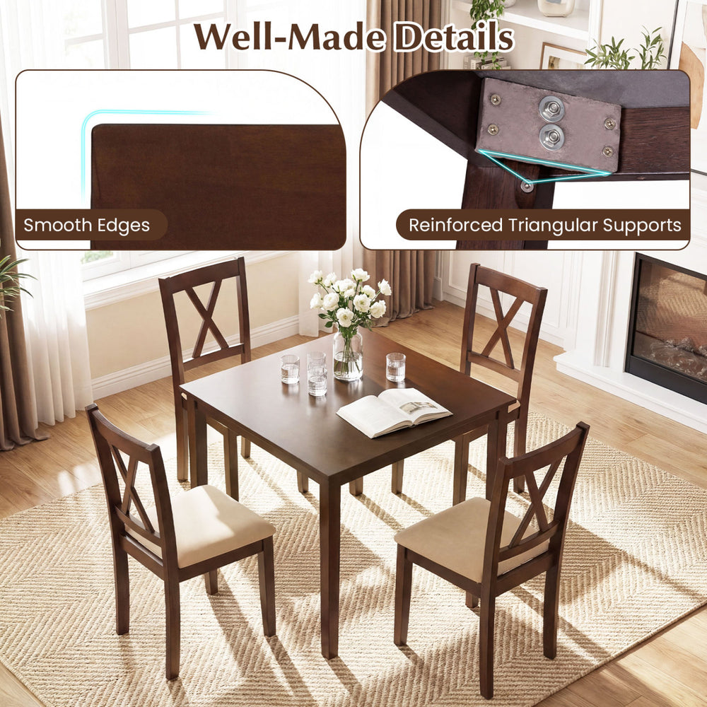 Square walnut farmhouse dining table with smooth edges and reinforced triangular supports, ideal for four people.