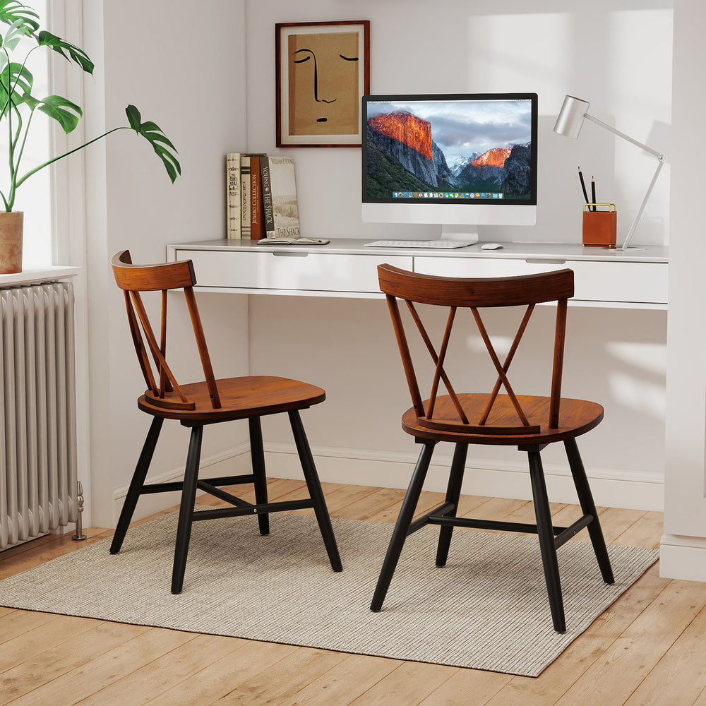 Farmhouse dining chair set of 2 with dark brown rubber wood frame, ergonomic design for comfort in any room setting.