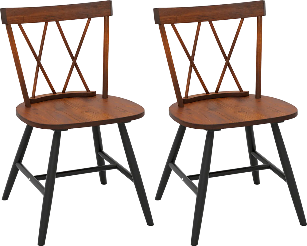 Set of 2 farmhouse kitchen dining chairs with dark brown rubber wood frame, ergonomic design for comfortable seating.