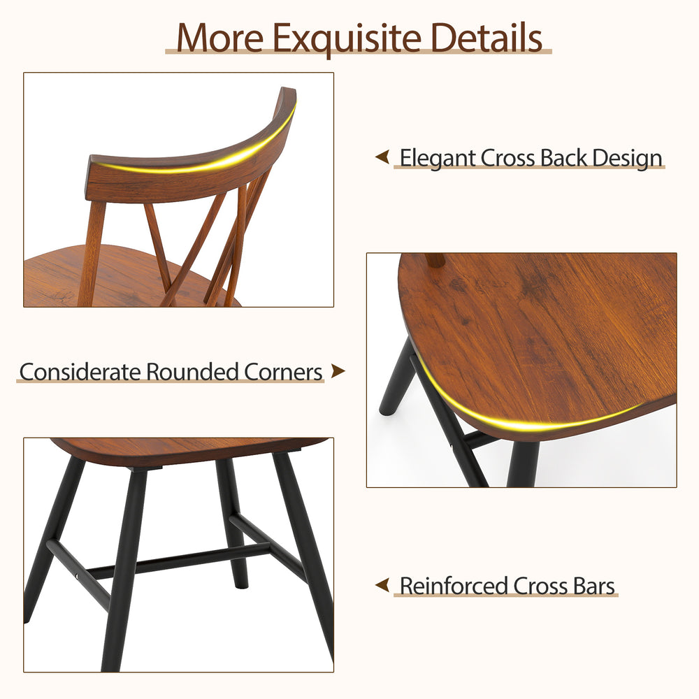 Elegant cross back design of the dark brown rubber wood dining chair, featuring rounded corners for safety and comfort.