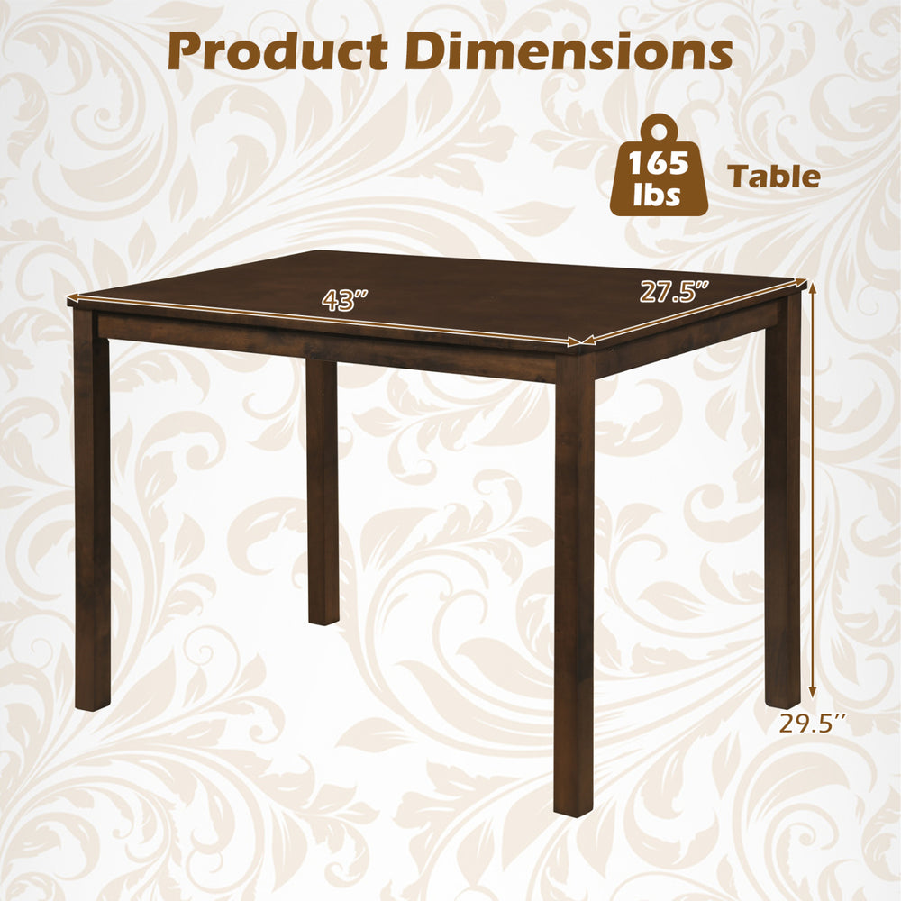 Farmhouse kitchen table with solid rubber wood frame, measuring 43” x 27.5”, suitable for dining or working.