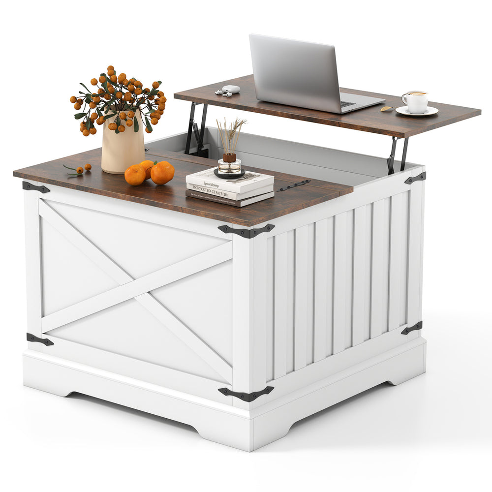 Farmhouse lift top coffee table in rustic brown with hidden storage, adjustable height, and sturdy hydraulic lifter.