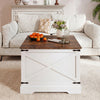 Farmhouse lift top coffee table in rustic brown with hidden storage, ideal for home or office use.