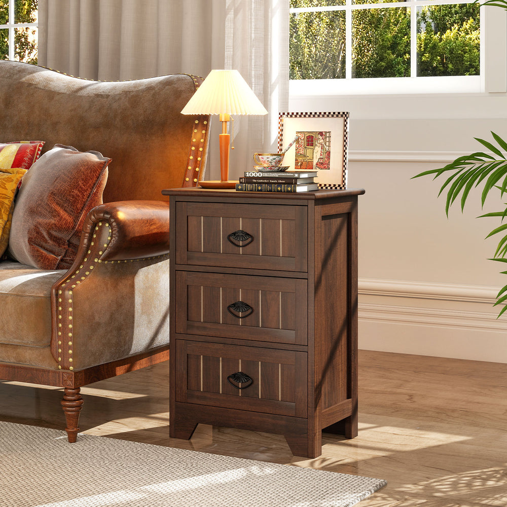 Farmhouse Nightstand with 3 Storage Drawers and Handles-Walnut - Gallery View 1 of 10