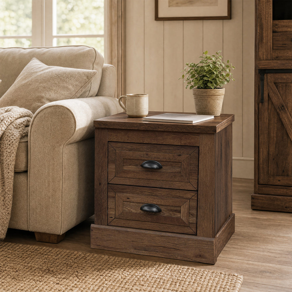 Brown farmhouse nightstand with two drawers, featuring vintage handles and a stable base, ideal for bedside storage.