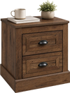 Brown farmhouse nightstand featuring two drawers, vintage handles, and a stable base, perfect for bedside storage.