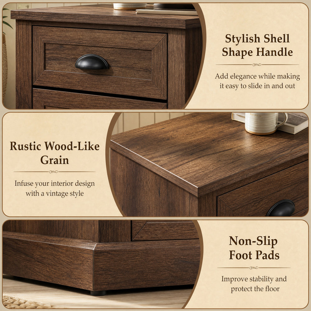 Farmhouse nightstand featuring a rustic wood-like grain, two drawers, and non-slip foot pads for stability and style.